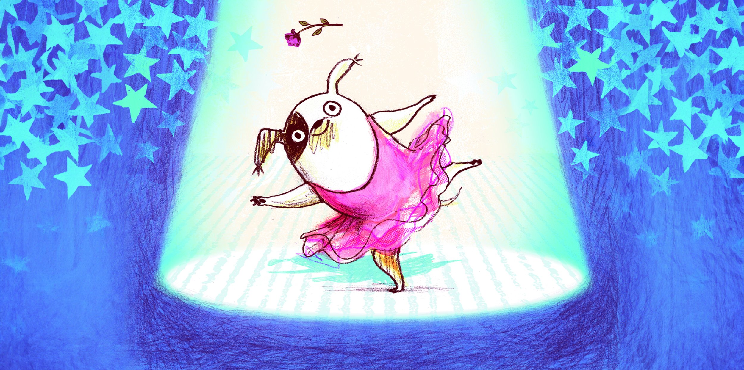 Cartoon dog wearing a tutu is dancing in a spotlight.