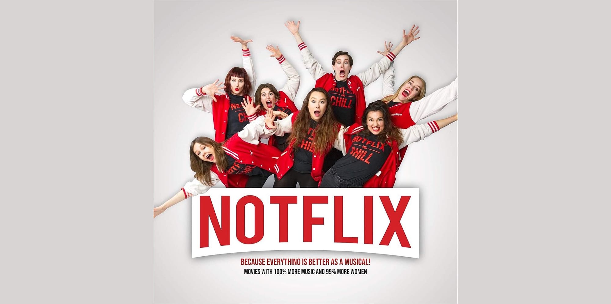 Seven people wearing varsity jackets pose with their hands in the air. text on image reads Notflix