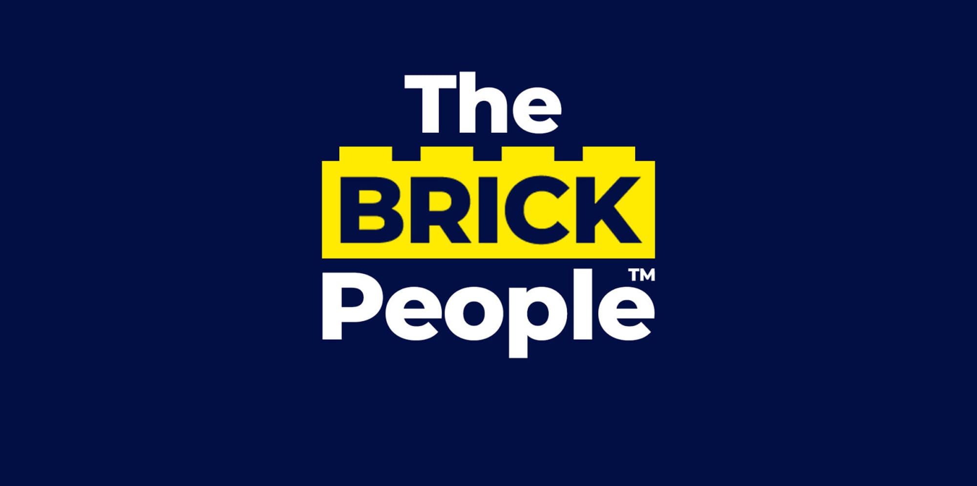 Block text reads 'The Brick People - trademark symbol' against a navy blue background. The word 'brick' is embedded in a bright yellow lego style block.