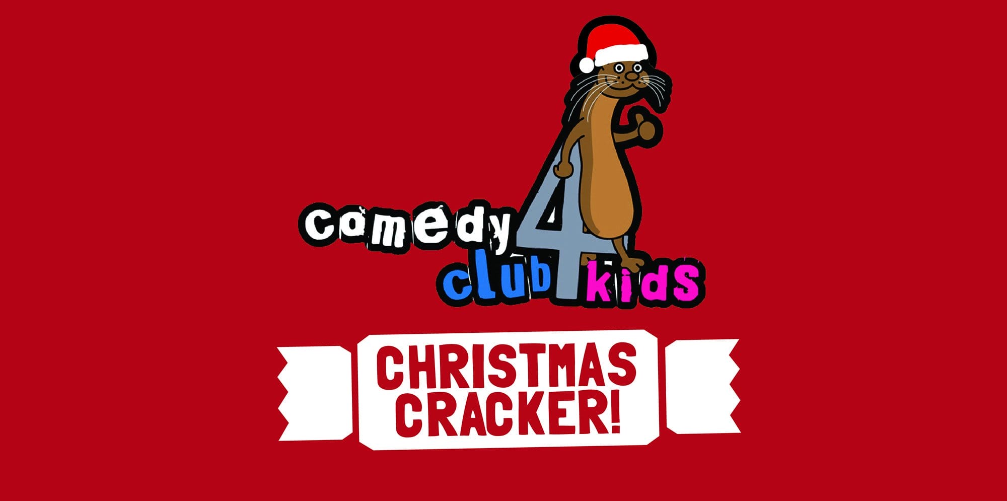 A cartoon otter wearing a Christmas hat with a red background stands on a title. The title reads 