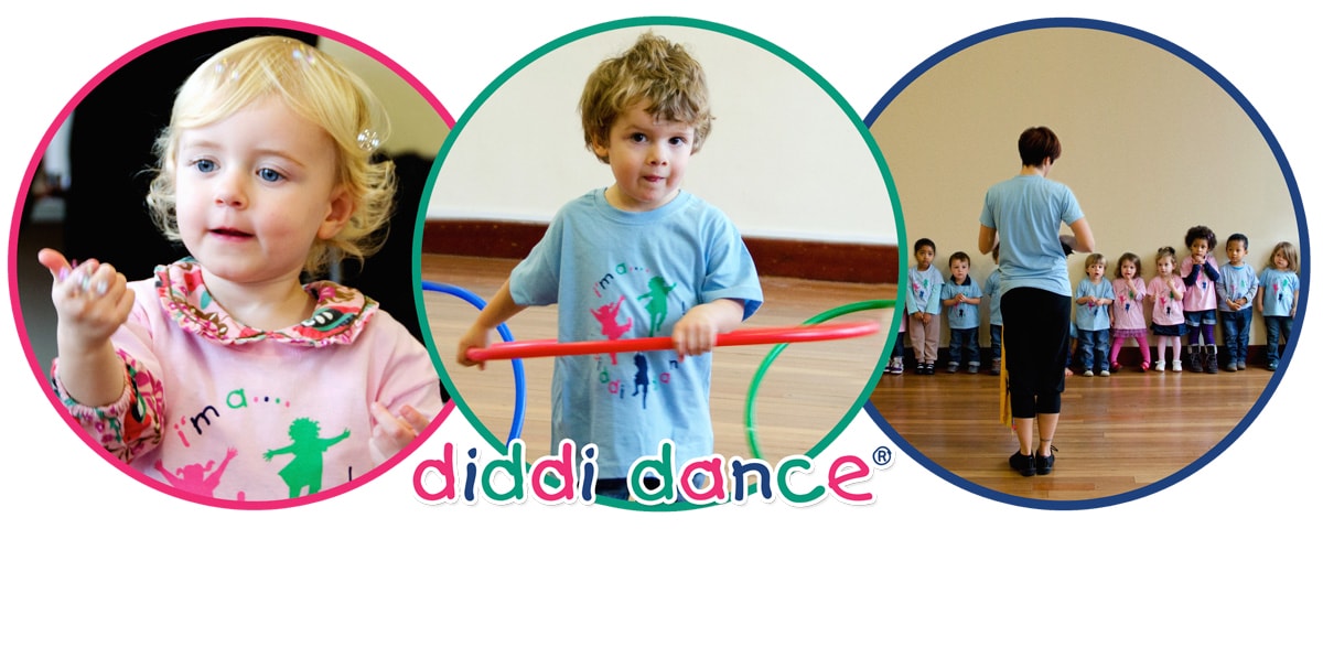Three circles on a white background containing images of children taking part in a dance class. Multi-coloured text on the image reads diddi dance.