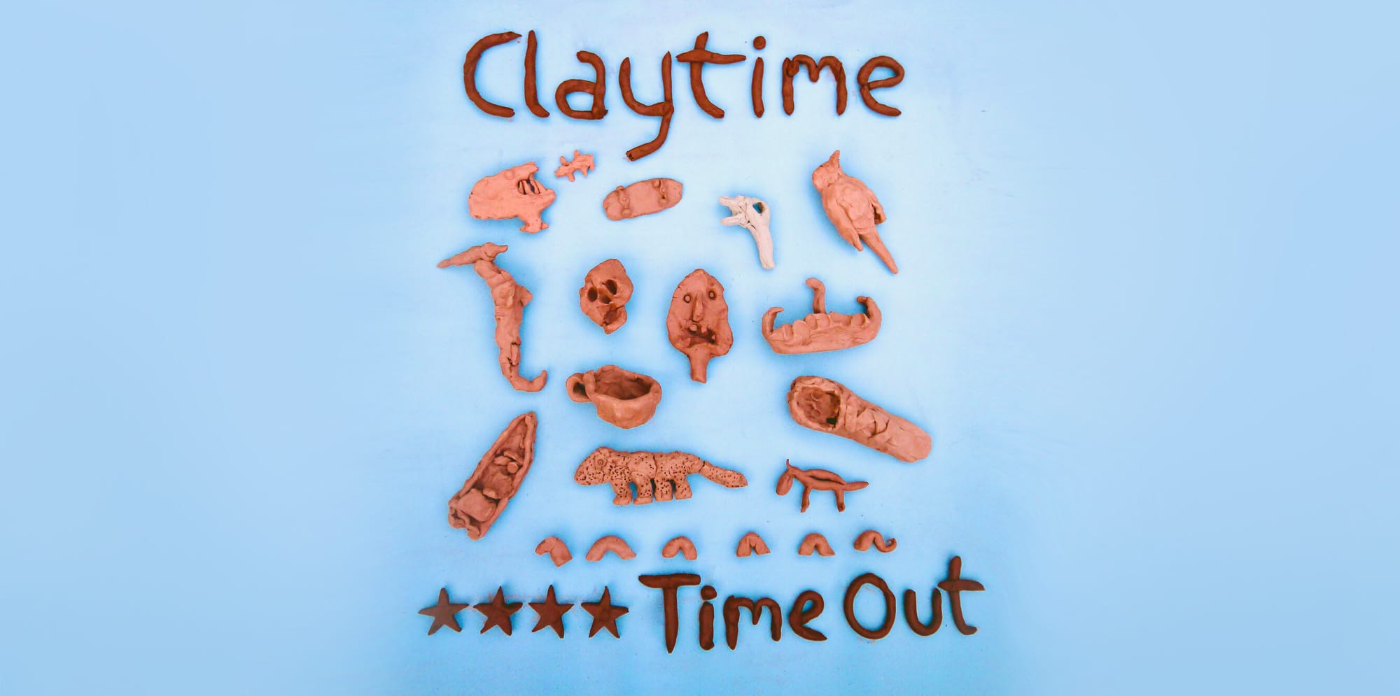 The word 'Claytime' is spelt out in brown clay against a sky blue background. In the centre of the image, several funky clay artefacts are featured including a dinosaur, a boat and a teacup.