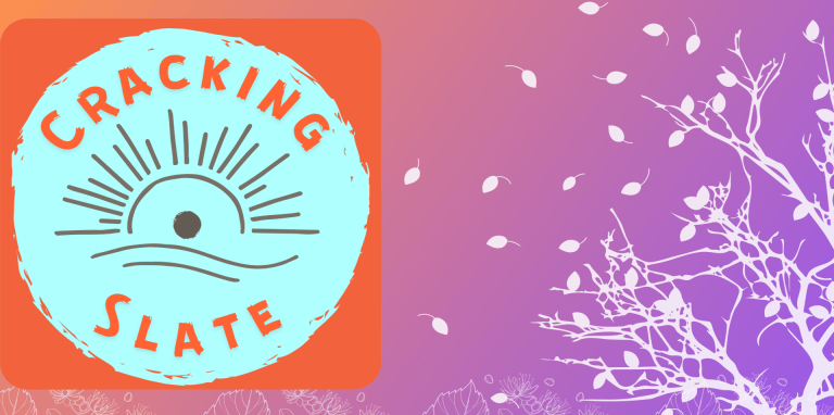 The Cracking Slate logo is featured to the left of the image: a pale turquoise circle with line art of a sunset. Inside the circle, orange text spells out Cracking Slate. On the righthand side of the image, a purple gradient background frames a white silhouette of a tree with billowing leaves.