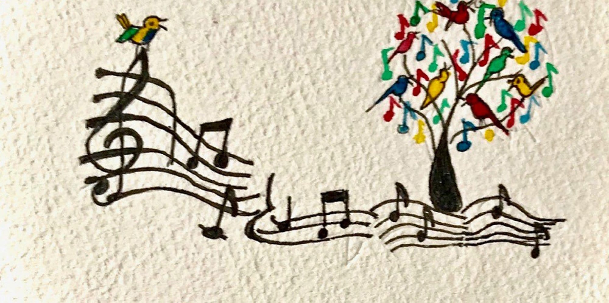 Hand drawn illustration in ink on textured parchment paper. Music notes dance across the page leading to a colourful tree full of birds. The leaves on the tree are made up of music notes.