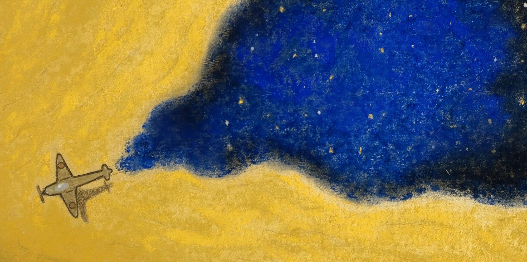 A wax crayon drawing depicts a plane flying across a mustard yellow background, the plane leaves a trail of midnight blue starry smog in its wake.