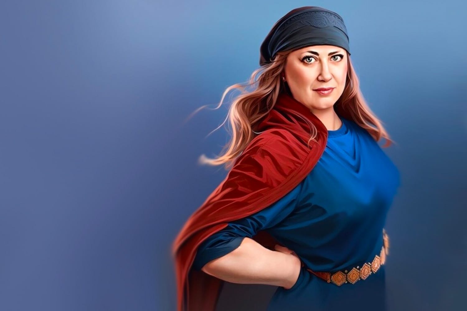 Comedian Rachel Creeger poses, super-woman esque, with a maroon cape against a blue background.