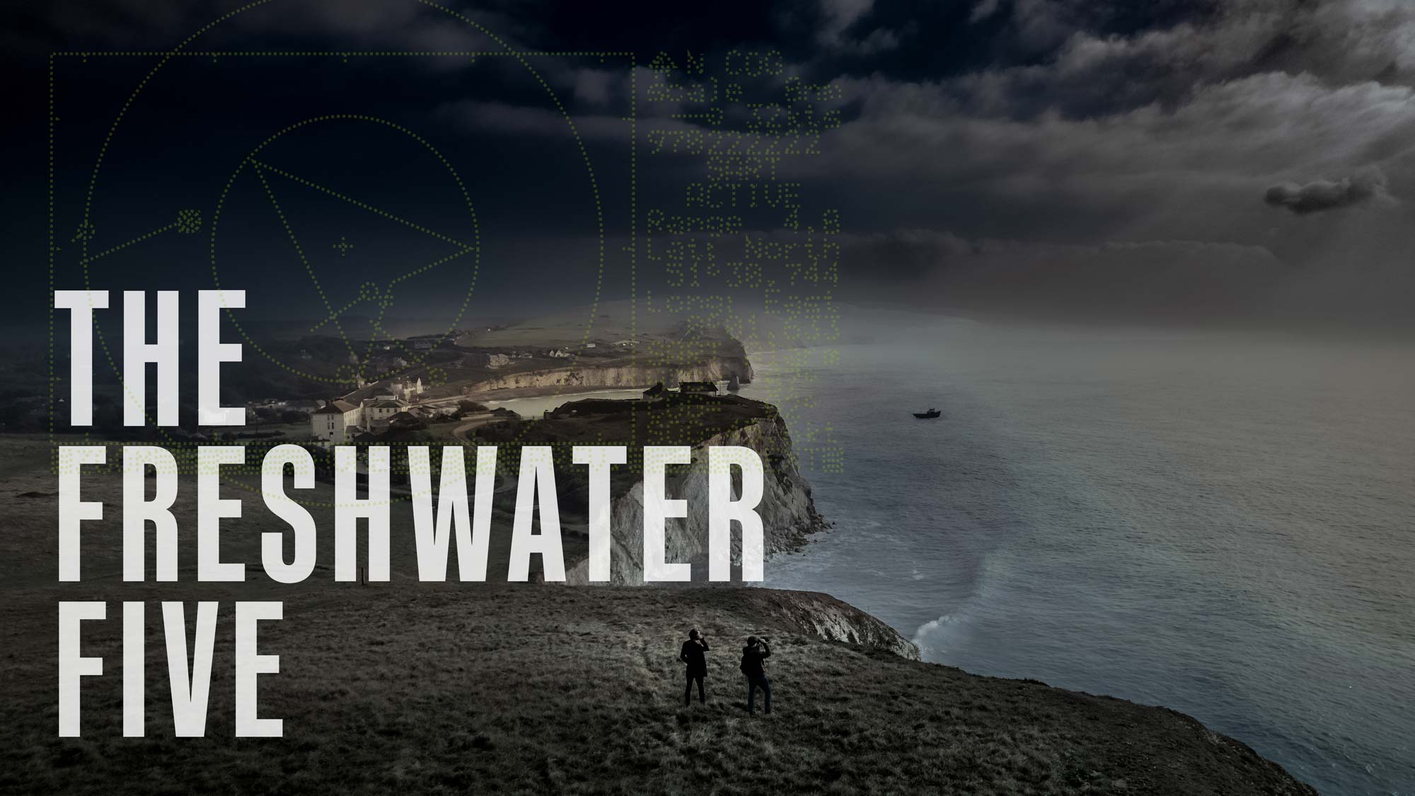 A view of a cliff, sky and sea. Two figures stand on the clifftop. White text on the image reads The Freshwater Five.