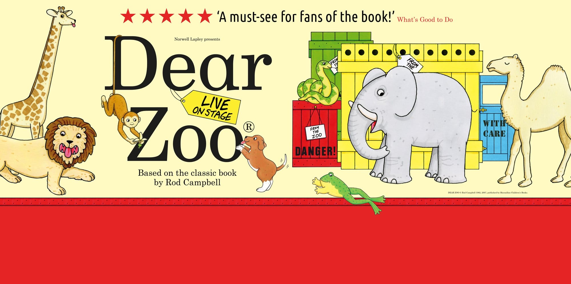Illustrations from the Dear Zoo book places around a title card, text reads 'Dear Zoo live on stage'