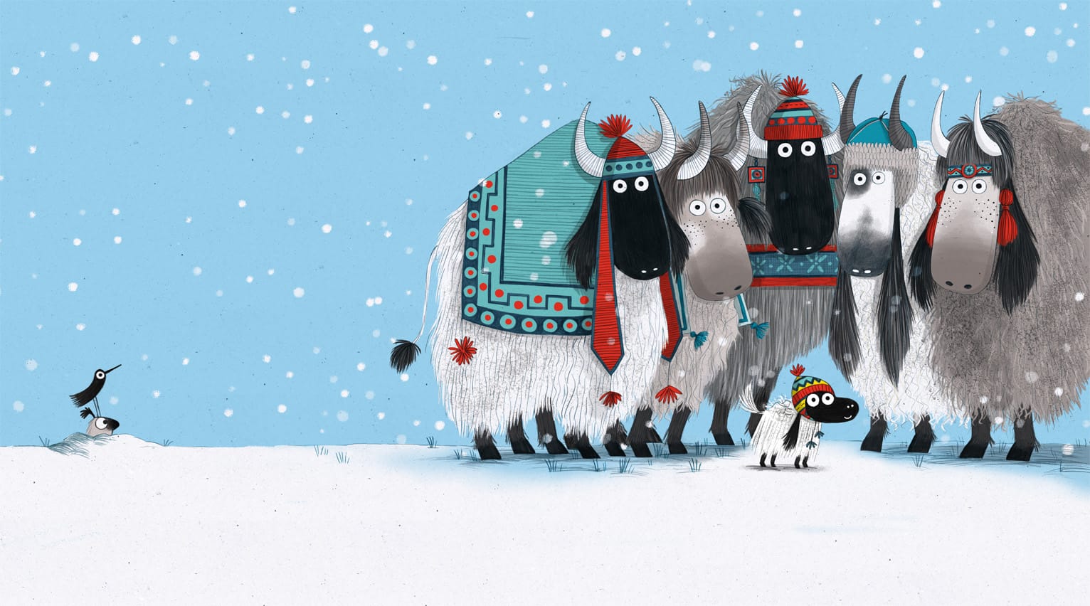An illustration of characters from The Littlest Yak; five yaks in woolly hats surround their small friend, the littlest Yak.