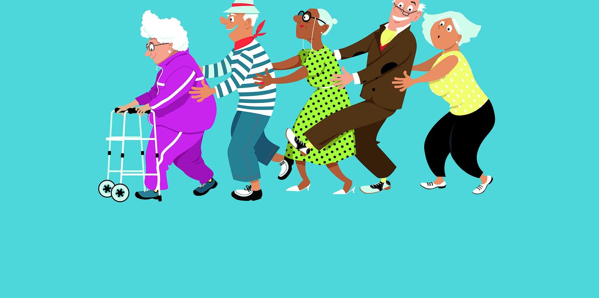 A cartoon illustration shows five older people in a cheerful conga line against a turquoise background. They all have different colourful outfits and hairstyles.