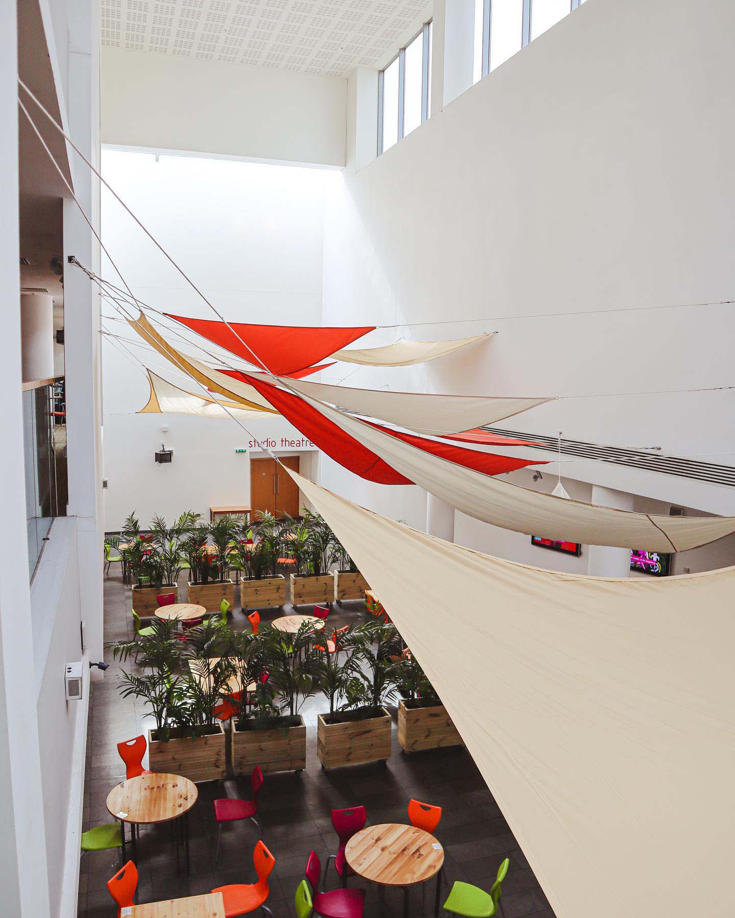 Fabric sails hanging above artsdepot Cafe