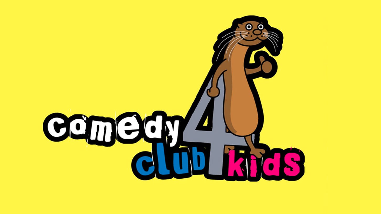 Comedy Club 4 Kids Typography in blue and pink, featuring a smiling cartoon otter
