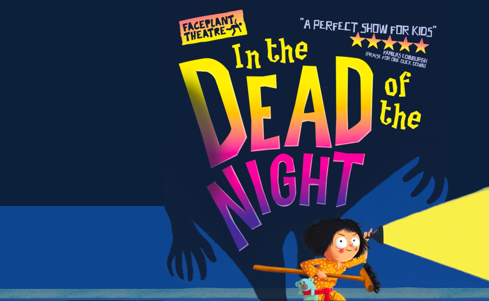 Artwork for In the Dead of the Night depicts a mischievous little girl with orange pyjamas, holding a broom and a torch shining a bright yellow light. Behind her lurks a mysterious shadow.