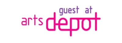 Purple and pink text on a white background reads guest at artsdepot