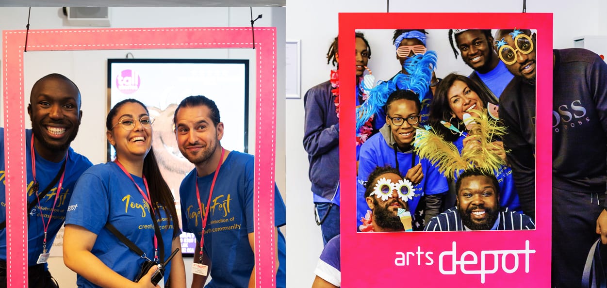 A diverse group of artsdepot team members pose, smiling, inside bright pink artsdepot photo frames embossed with the artsdepot logo.