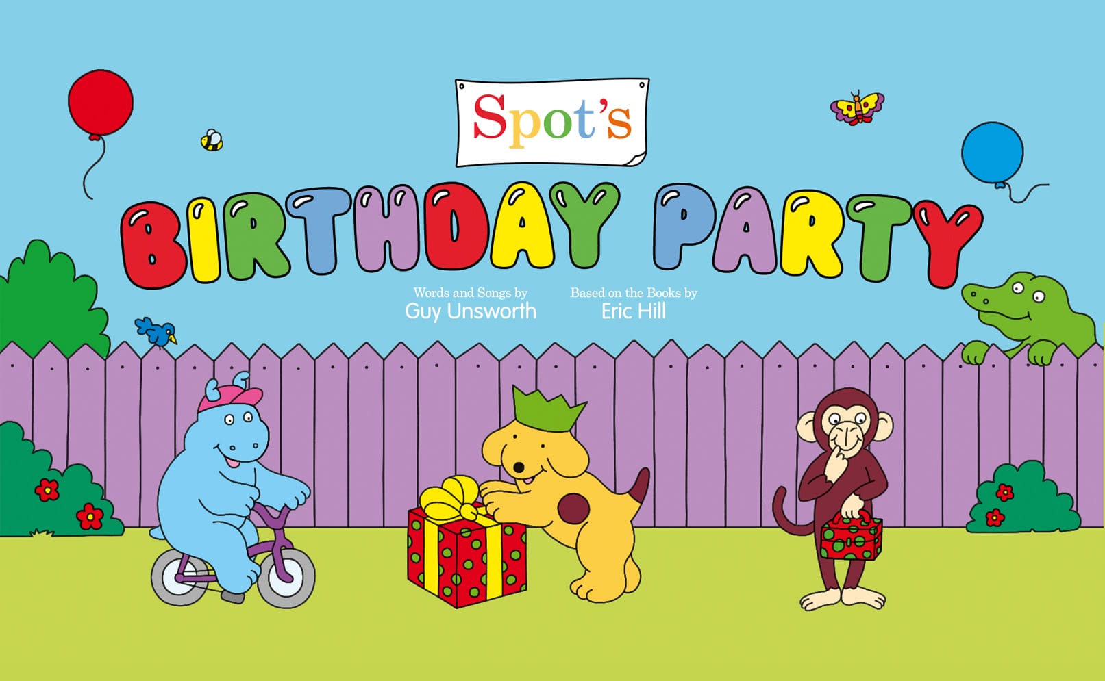 The iconic 'Spot' artwork is featured centrally. Spot is a yellow dog with brown spots, he is riding a bike with his friends, a blue hippo and brown monkey. Text reads Spot's Birthday Party in large rainbow lettering.
