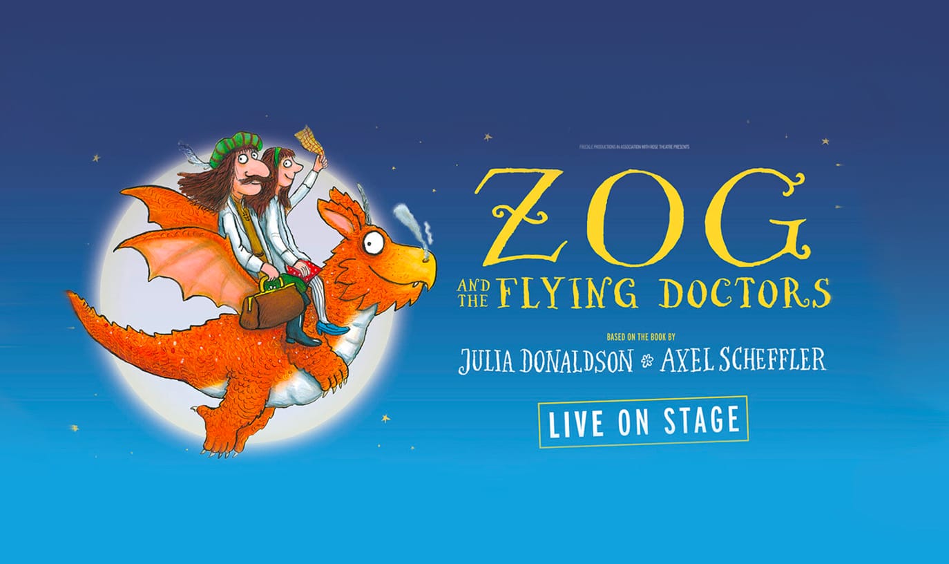 Zog and the Flying Doctors official artwork. Two doctors, with white coats and medical bags, ride a bright orange dragon through the deep blue night sky. The moon glows bright behind them.