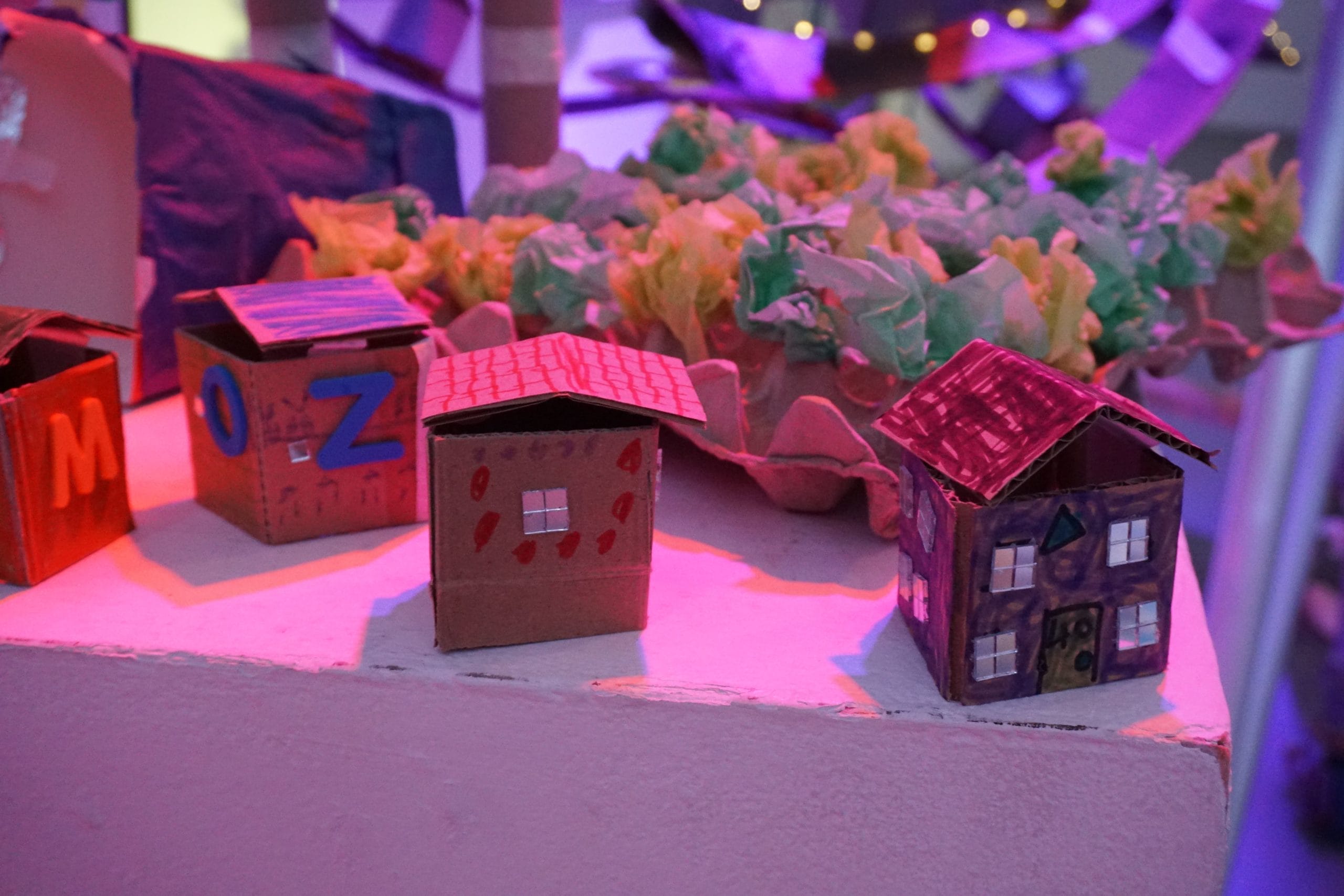 Close up shot of cardboard houses, decorated by young people in felt tip. Behind the houses, an eggbox and tissue paper has been fashioned into a green space. Fairy lights are visible in the background.