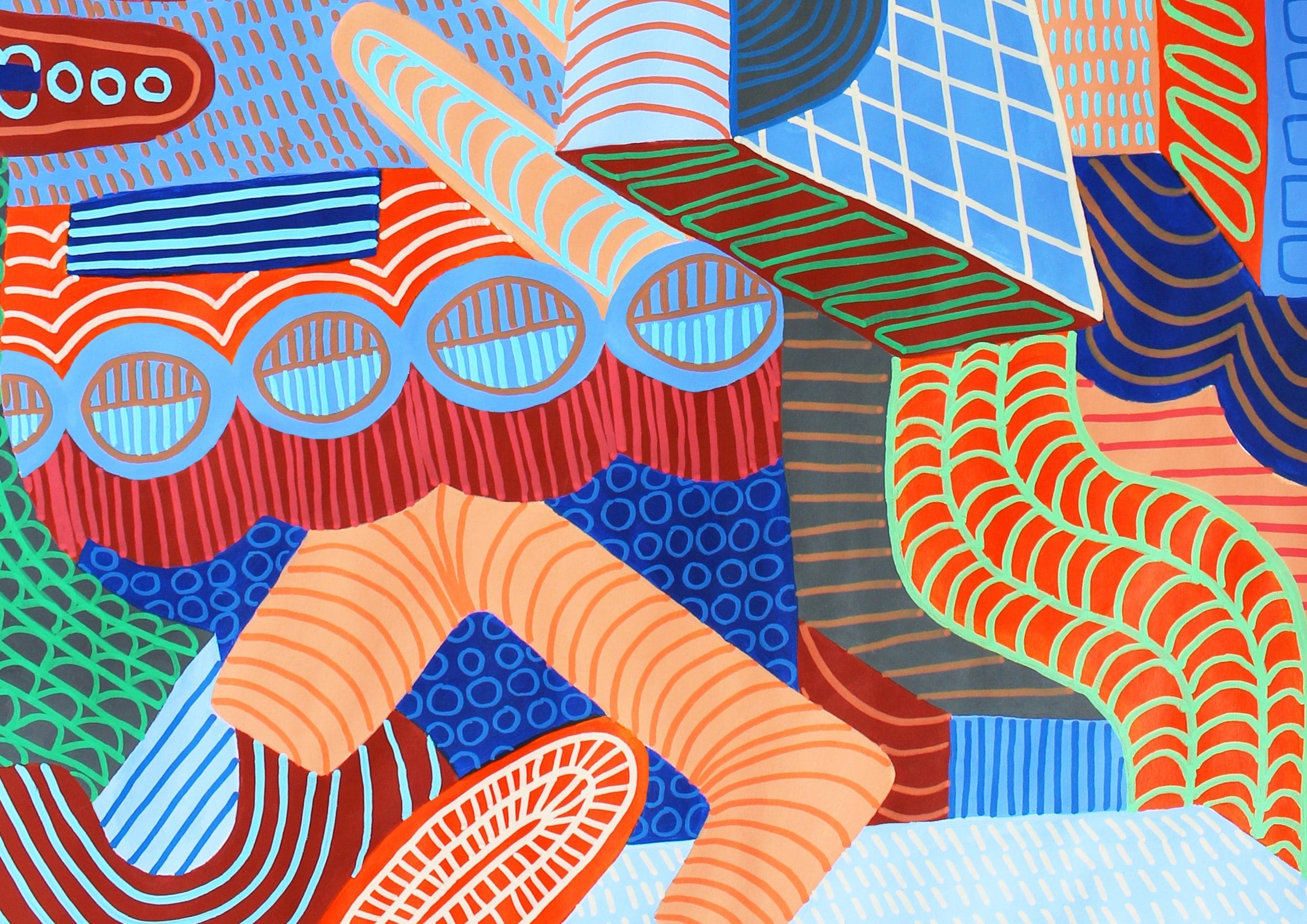 Abstract art piece by Georgie McEwan. Blue, orange and red shapes overlap and converge, overlapping with curving and geometric lines.