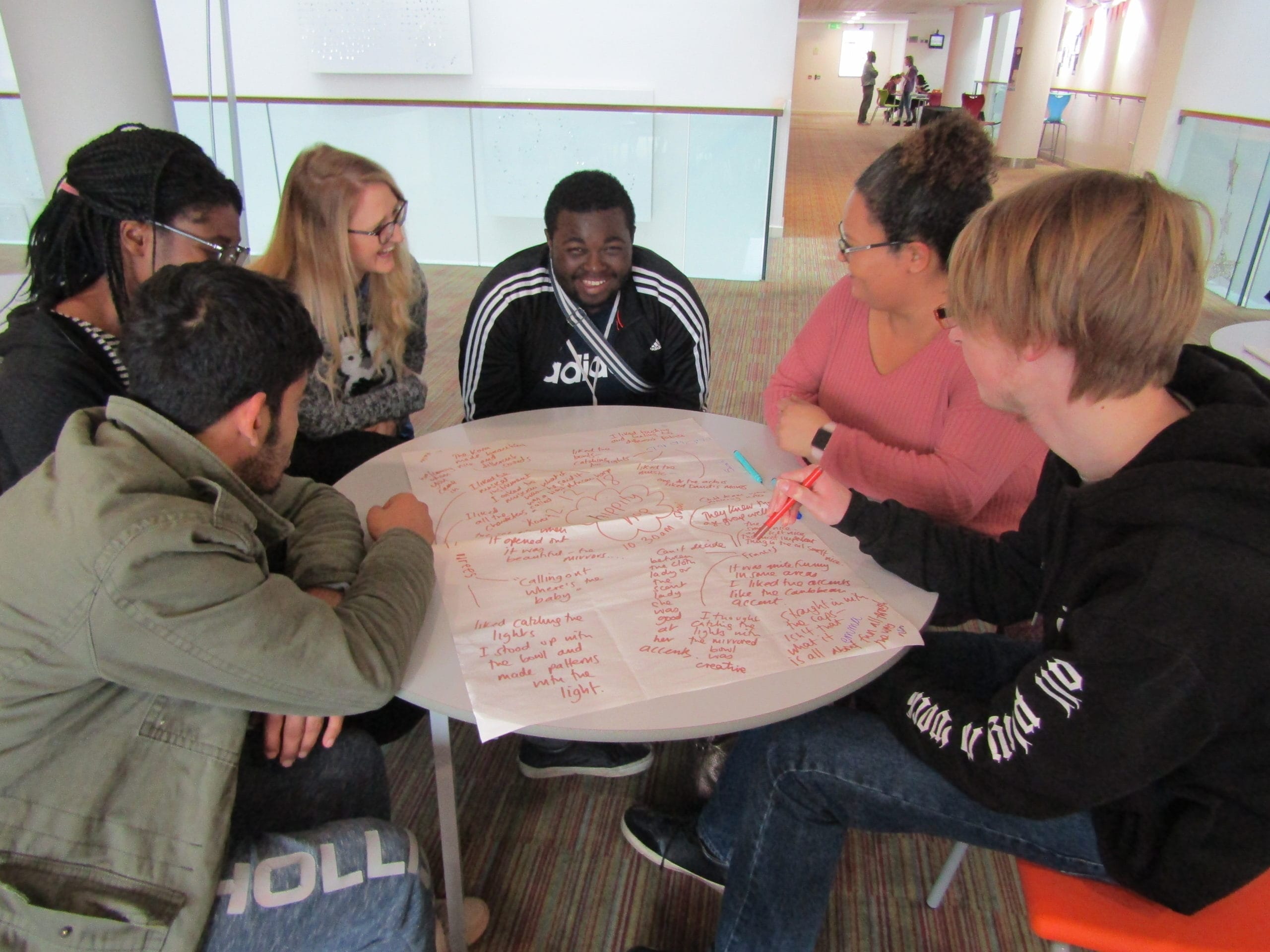 A diverse group of adults sit around a round table, all focusing on a collaborative mind-map. The mind-map is on a2 paper in orange marker. Everyone is smiling.