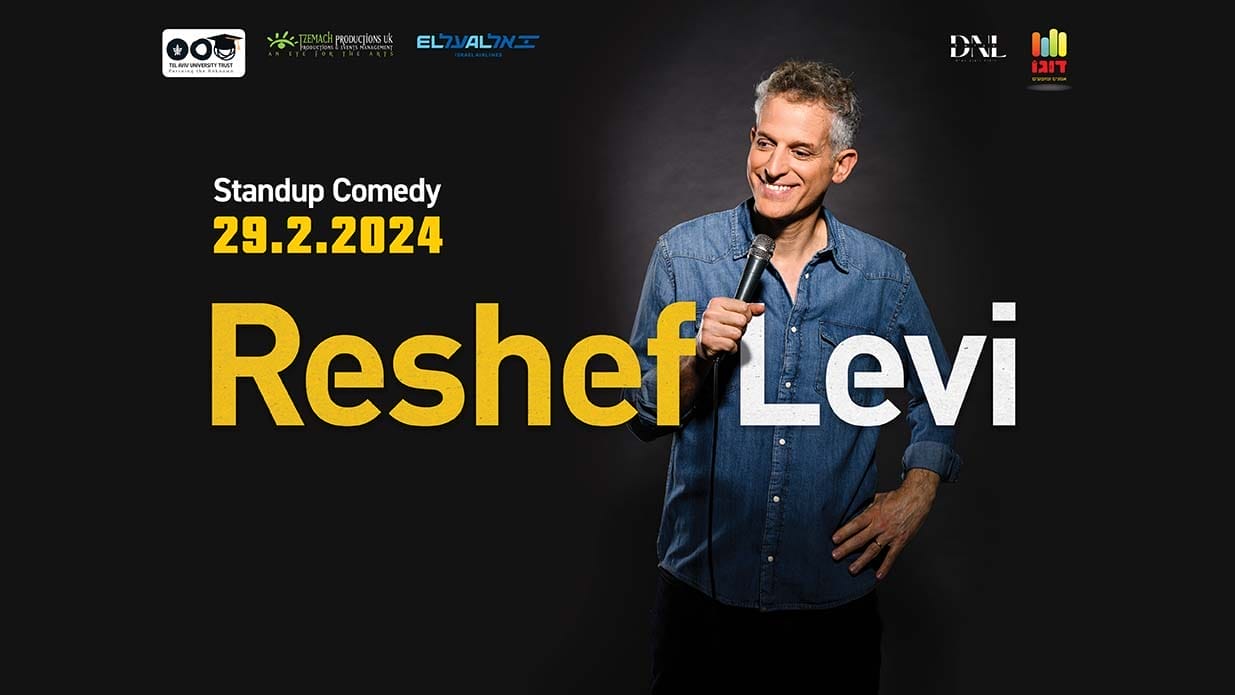 Comedian Reshef Levi on stage holding a microphone. Yellow and white text on the image reads Reshef Levi.