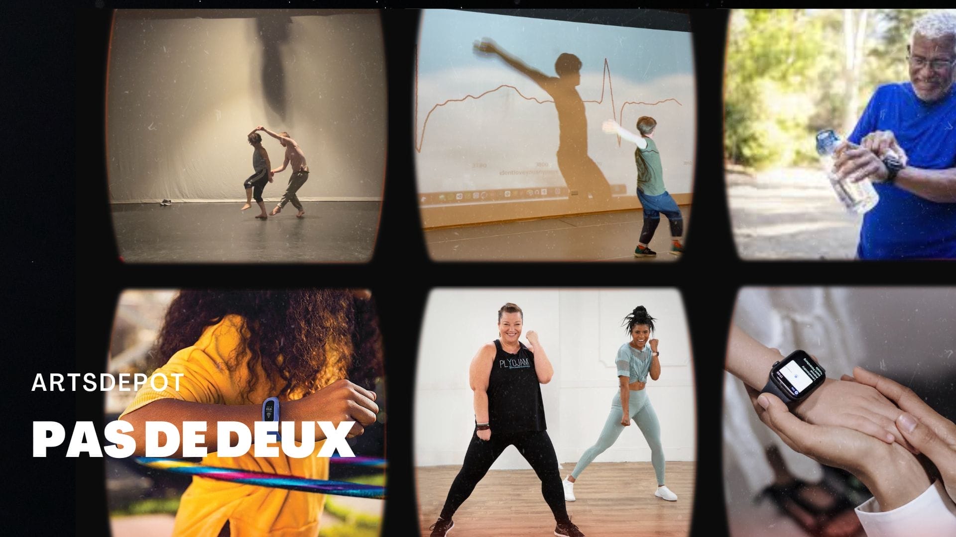 A collage of age diverse people participating in exercise and dance. On the lefthand side, bold white text reads ARTSDEPOT PAS DE DEUX.