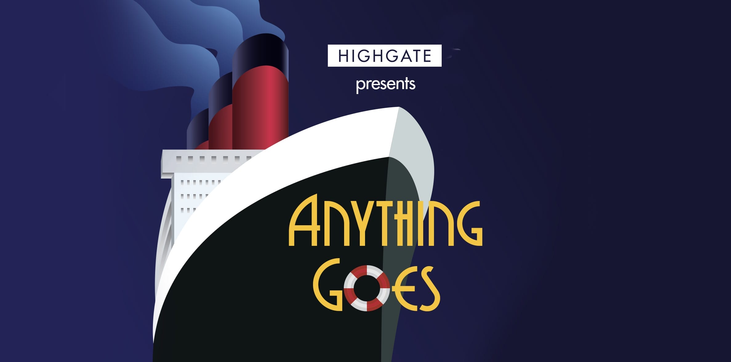 A nautical cartoon style poster featuring artwork for Anything Goes. The artwork features a large ship against a navy background, with yellow text for the show title.