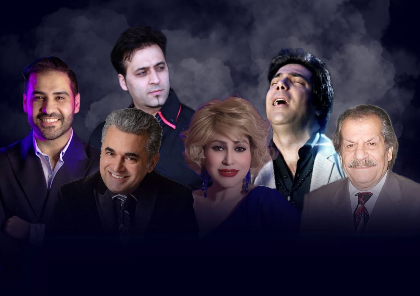 A collage of famous Persian singers. The background is a smoky deep blue sky.