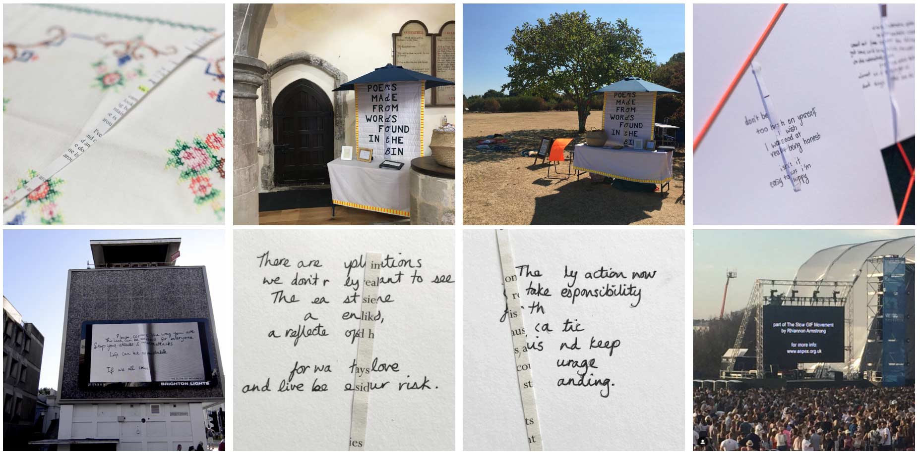 Six square images of poetry made from shredded documents displayed on outdoor screens, billboards, a tablecloth and close ups of the poems on white paper.