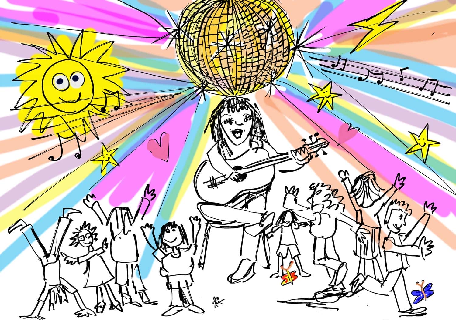 A colourful digital illustration displays a performer playing guitar while groups of children dance and play around them. In the background there is a large gold disco ball emitting rays of rainbow light, sparkles, hearts and stars, as well as a big yellow smiley sun to the left.
