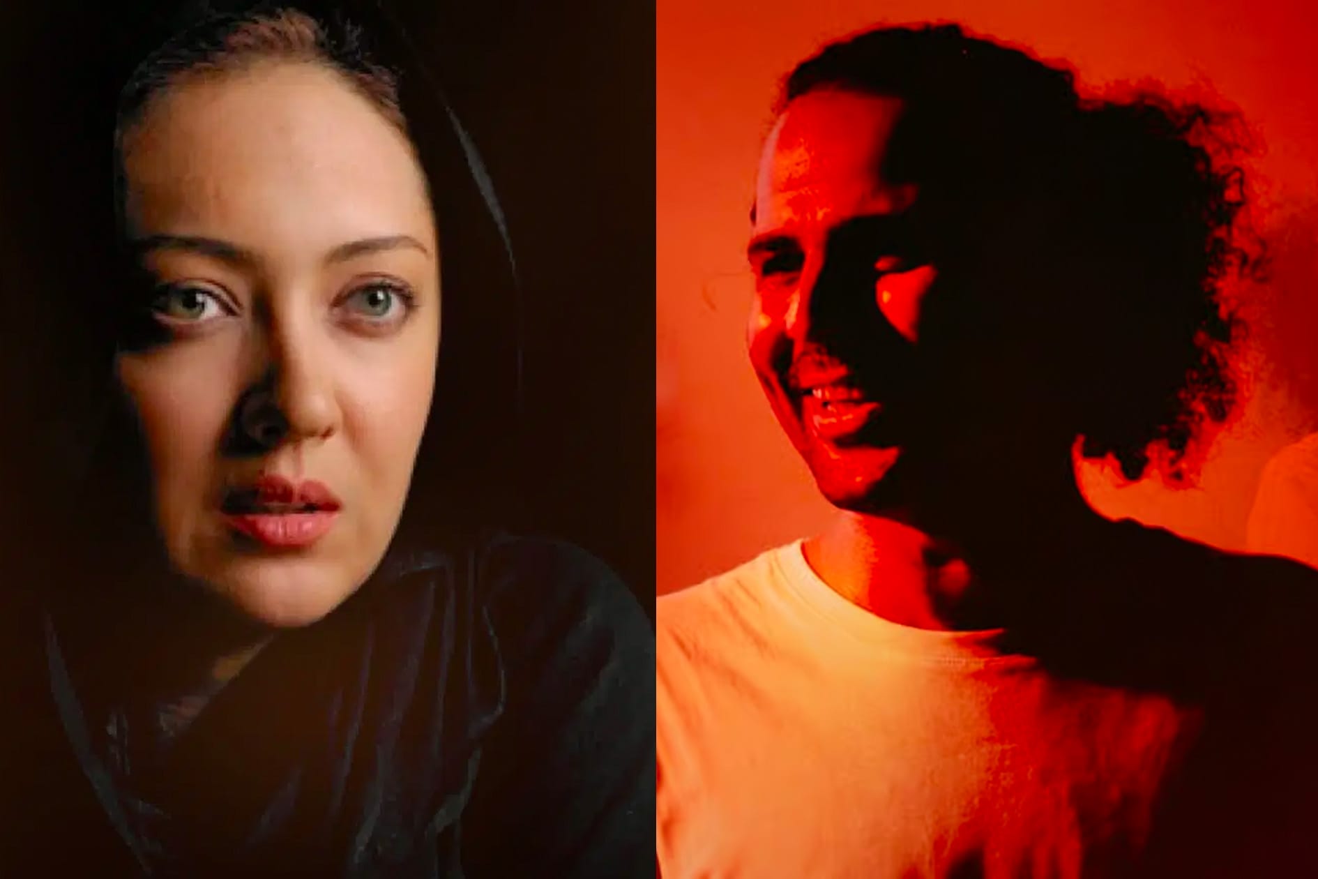 Split image. On the left, A close up of a woman's face. She is wearing a black top and headscarf and is looking past the viewer. On the right, Iranian singer Heydoo is pictured smiling. Behind him are two more images of him, one singing into a microphone, the other looking thoughtful. The image has red and orange tones.