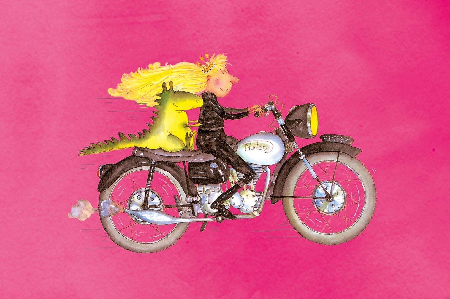 A blonde cartoon princess wears a groovy leather outfit as she rides a motorbike, with a chunky green dragon on the backseat. The background is vibrant pink.