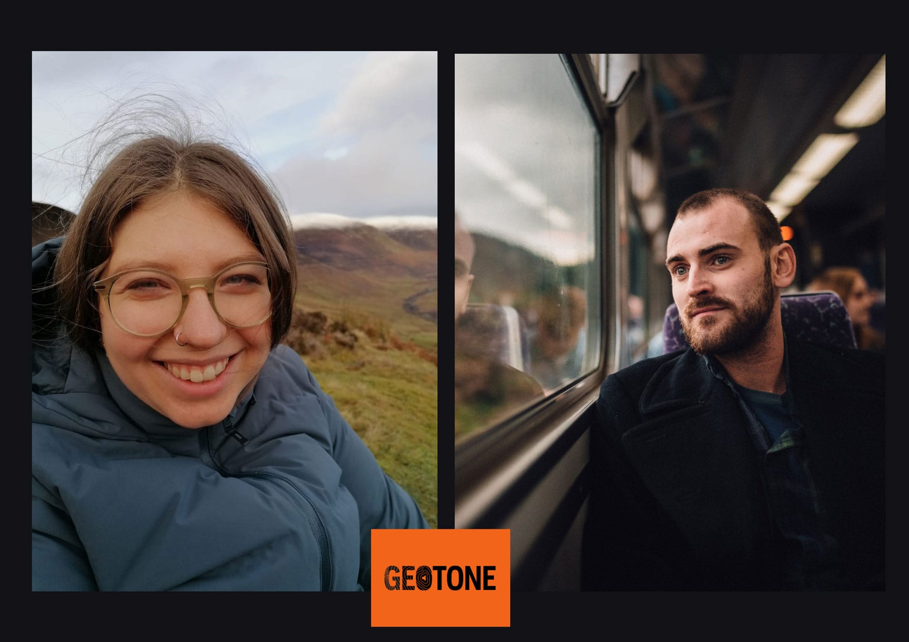 An image comprised of two photos. On the left, Lauren is pictured outdoors wearing a warm winter coat. On the right, Paul is pictured on a train with countryside outside the window.