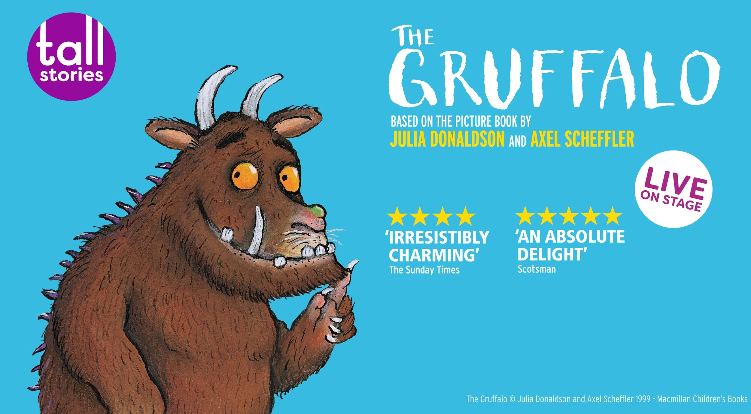 The iconic Gruffalo artwork is featured against a sky blue background. The Gruffalo is a big brown furry beast with grey horns, grey teeth, orange eyes and a green wart on his nose. The artwork features several five star reviews.