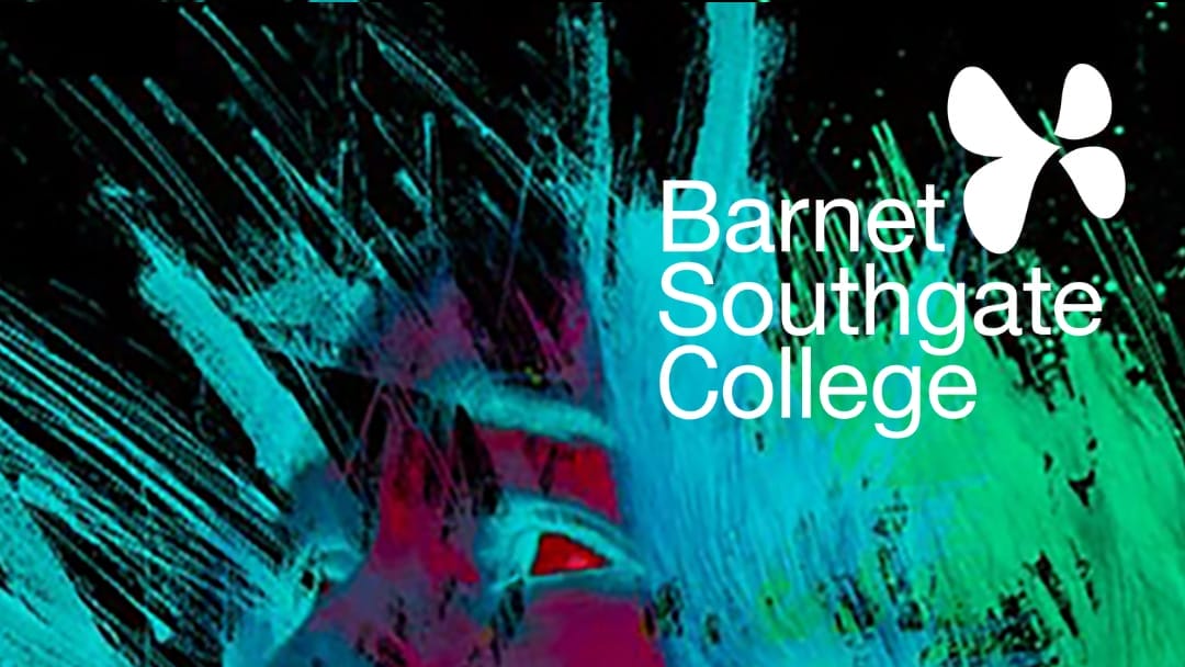 An abstract digital art work with shades of green, blue and red on a dark background. White text on the image reads Barnet & Southgate College