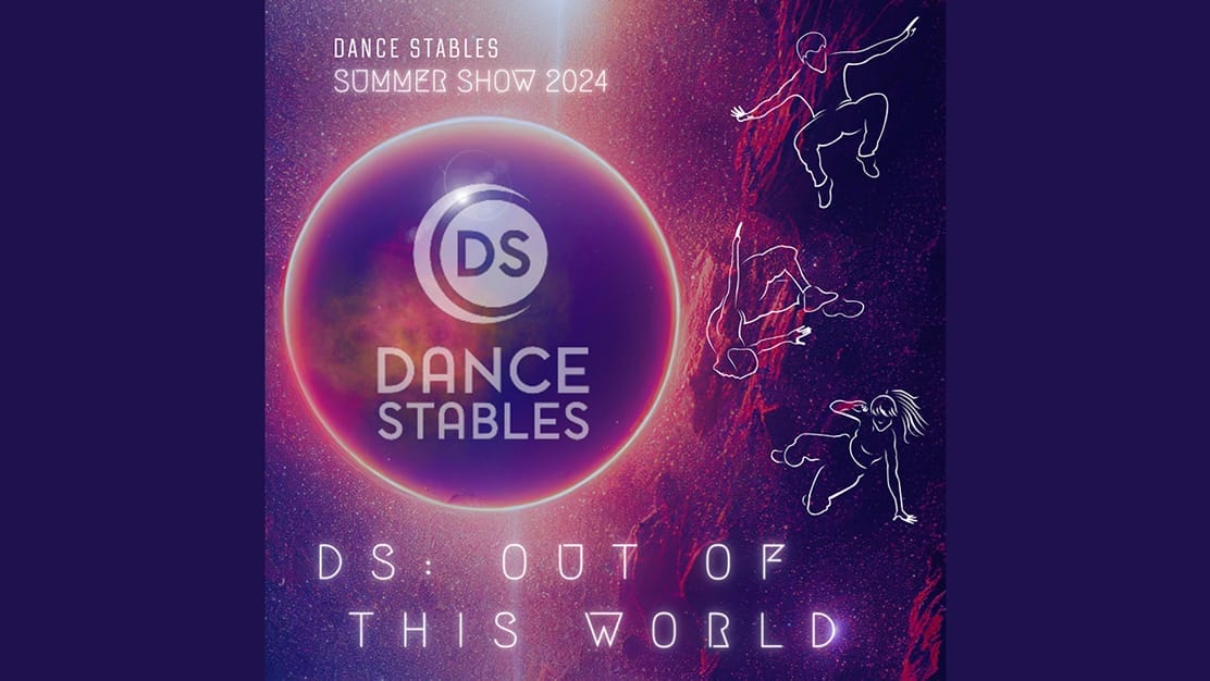 On a background of a dark stary sky and a planet, white outlines of dances can be seen and white text reading DS Dance Stables DS Out of This World