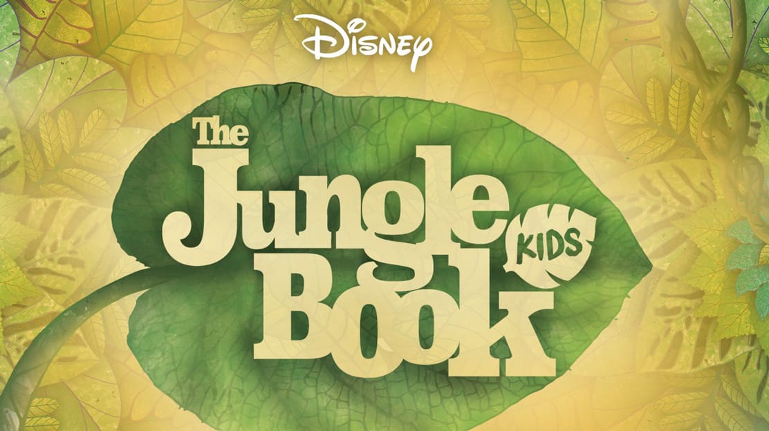 An illustration of a green leaf on a yellow background, text on the image reads Disney The Jungle Book Kids.