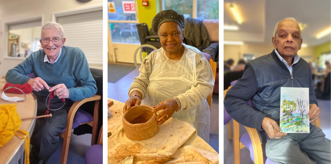 Three separate pictures of the elderly proudly showing their artwork.