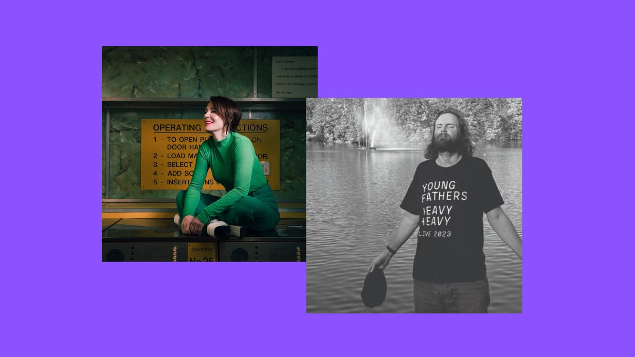 On a purple background, square images of Sara Barron sat crossed legged in a laundrette and Rob Auton standing in the middle of a lake with his eyes shut.