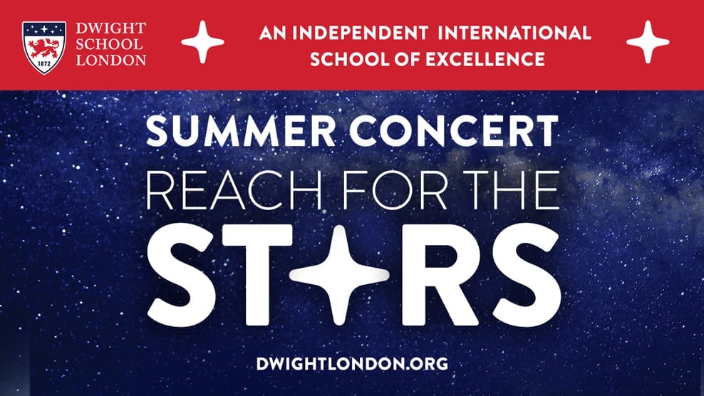 On a dark blue background covered in stars, white text reads Summer Concert Reach for the Stars.