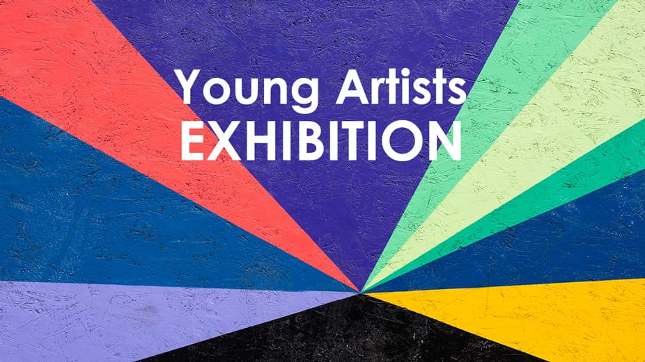 A textured background with triangles of blue, purple, red and yellow. White text on the background reads Young Artists Exhibition.