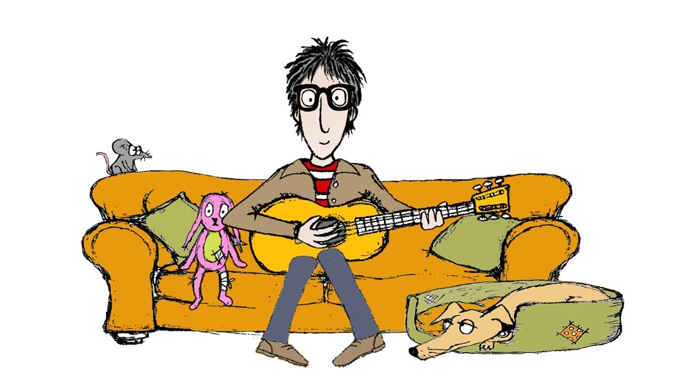Illustrated Nick Cope playing his guitar on a sofa with his dog next to him.