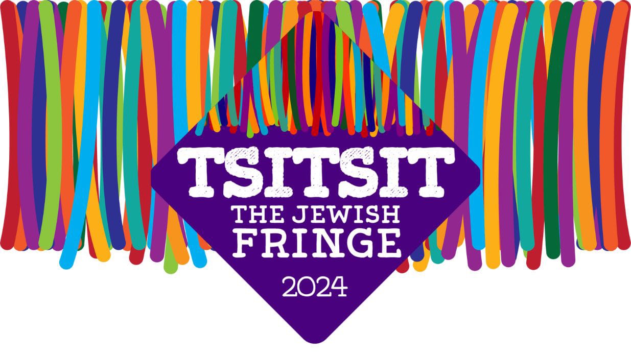 Multicoloured fringes hang from the top of the image, over this is the Tsitsit logo, a purple diamond shape with white text reading Tsitsit The Jewish Fringe 2024