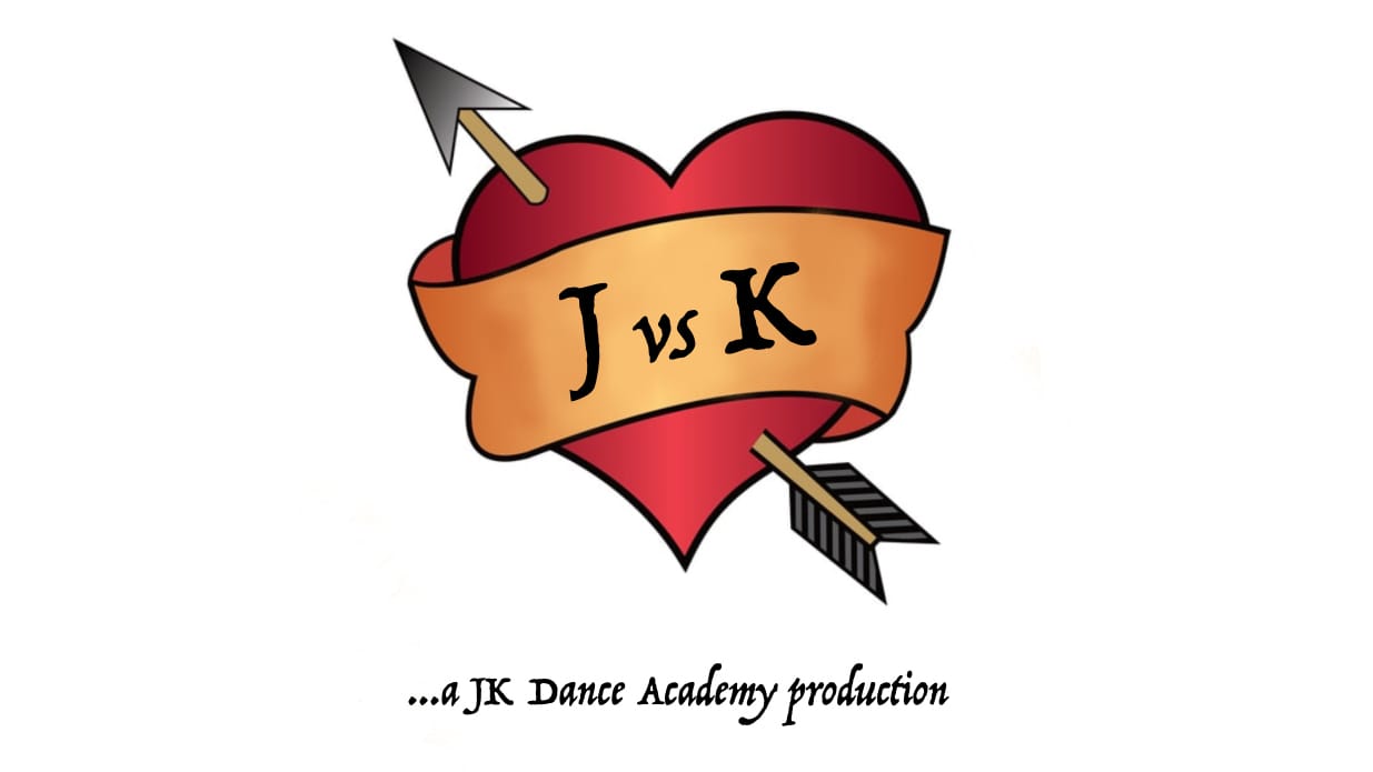 An illustration of a red heart with an arrow through it and an orange ribbon around it on which is written J vs K