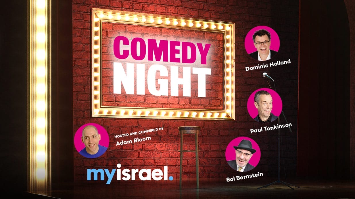 Glowing text reads Comedy Night, surrounded by lightbulbs. The images of the four comedians performing are in pink circles.