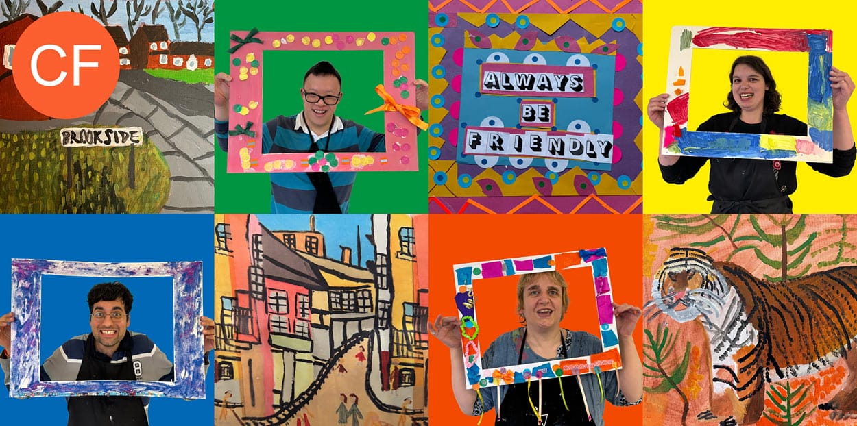 A brightly coloured image showing 4 artists from Community Focus holding frames around their faces, collaged with four artworks.