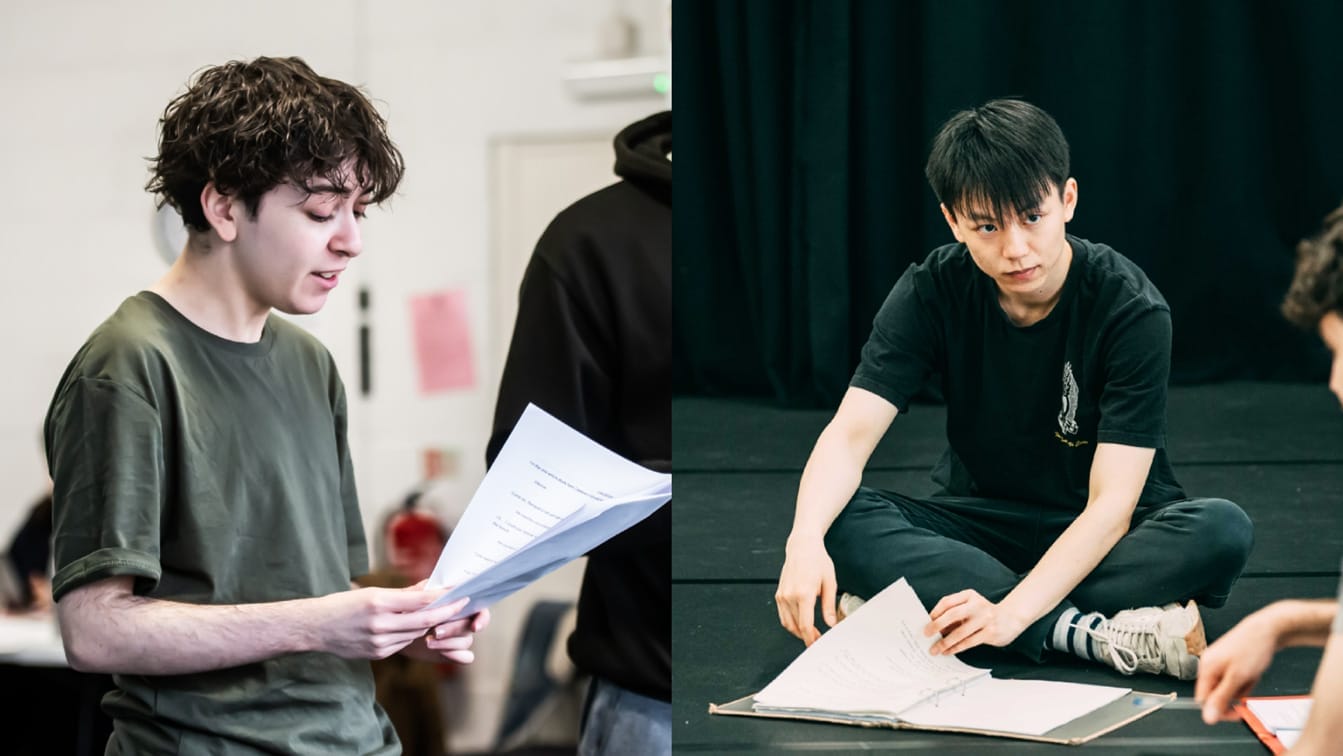 Images of Noah Silverstone and Yuxuan Liu pictured in rehearsal rooms holding scripts.
