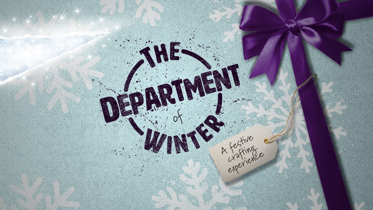 A light blue wrapped parcel with a purple bow and white snowflake pattern on which is stamped the title The Department of Winter. Through a rip in the paper, sparkling, icy shades of blue and white can be seen.