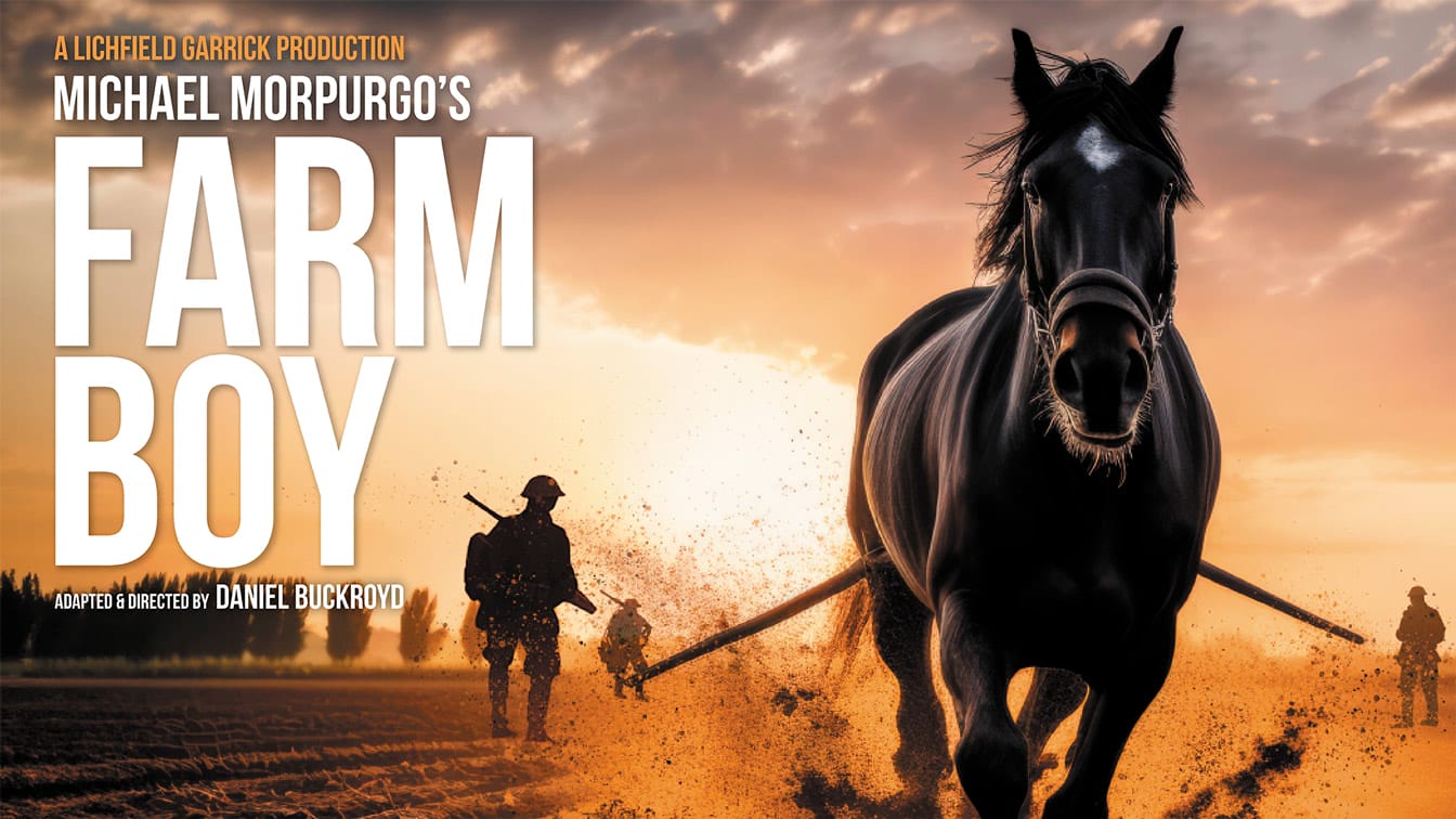 An image of a horse in the foreground and soldiers on a battlefield in the background. White text on the image reads Michael Morpurgo's Farm Boy.