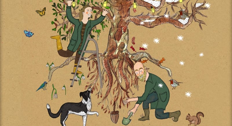 An illustrated scene featuring a large tree with intertwined branches and roots. A woman stands on a ladder to the left, reaching up to hang bright yellow lights from the tree’s branches, while a bearded man kneels at the base of the tree, planting or tending to its roots.